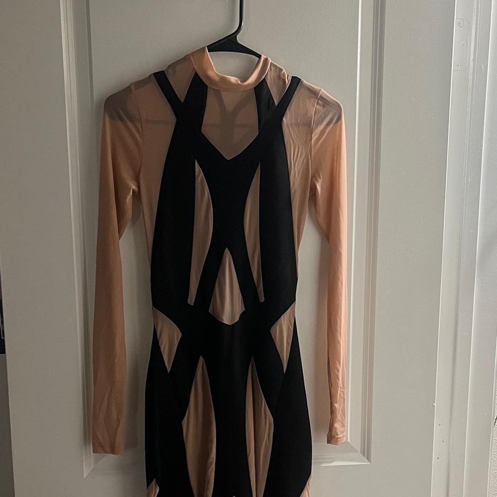PrettyLittleThing Black and Nude Long Sleeve Dress